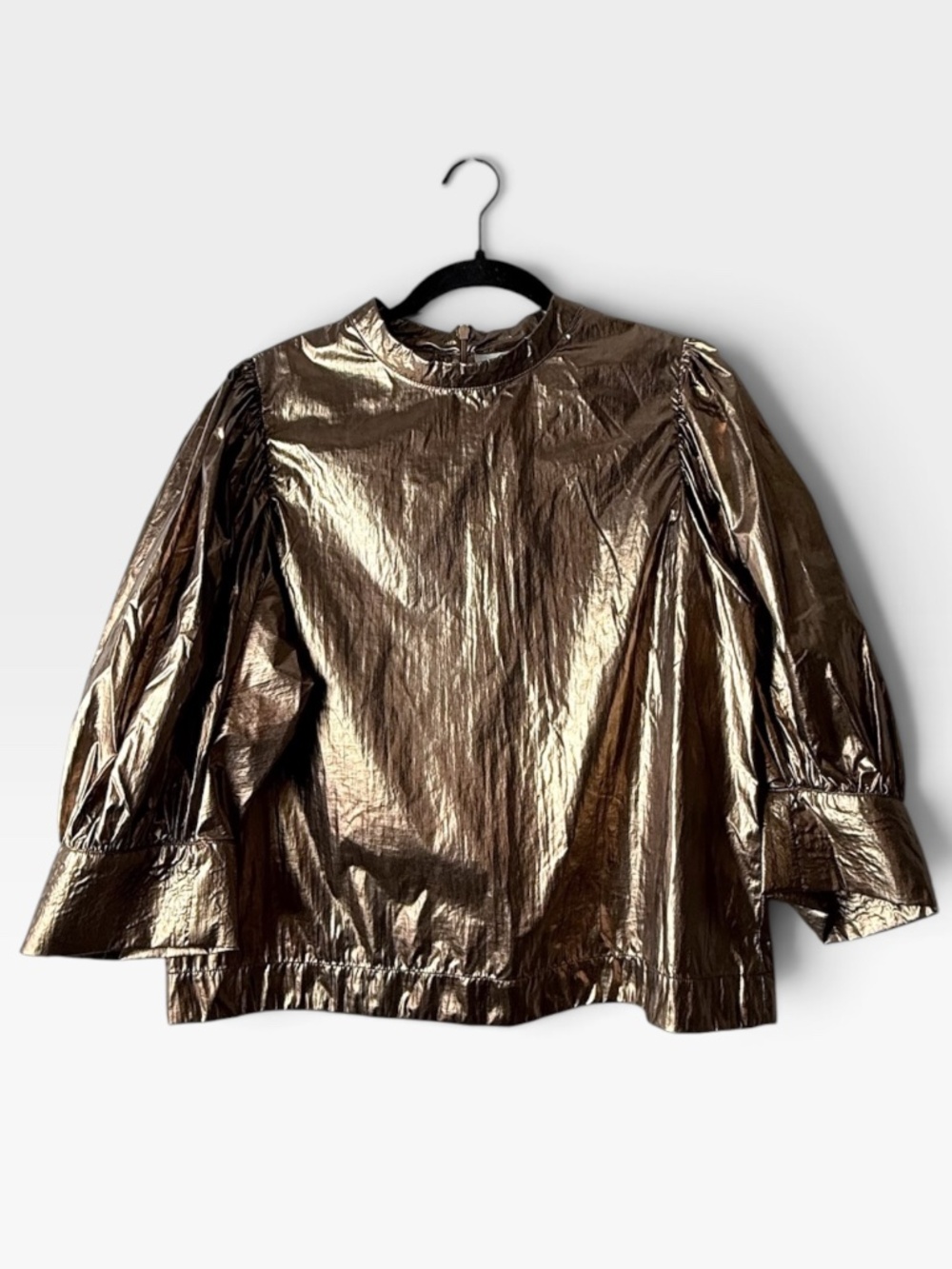Farm Rio Gold Metallic Blouse Women's Size Large Lightweight Holiday (Y)